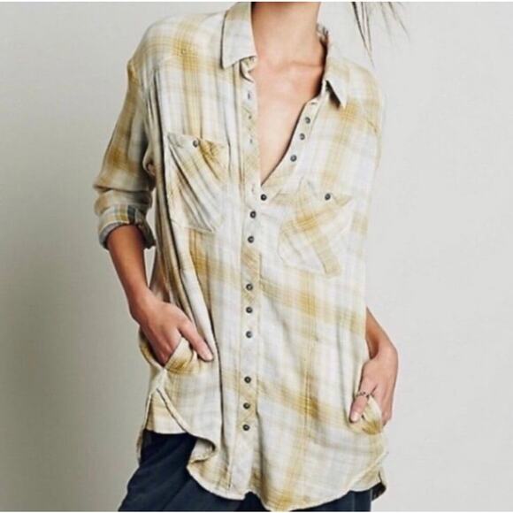Free People Mustard Yellow Flannel Double Dip Button Down Oversized Shirt Medium - Picture 1 of 9
